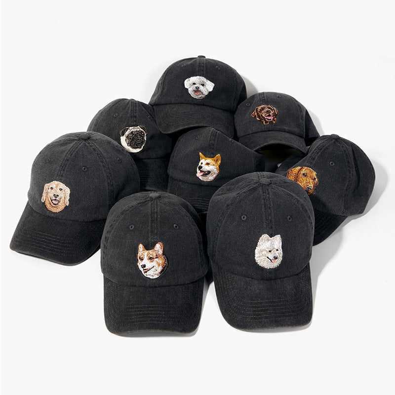 Embroidered Puppy Pattern Washed Hat