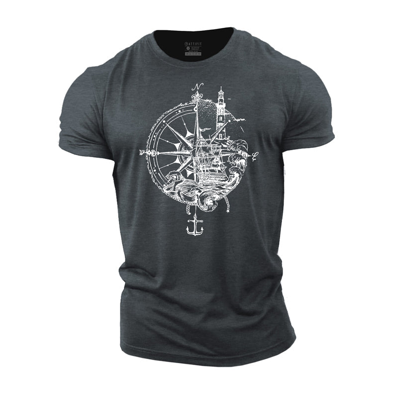 Cotton Compass Sailing Ship Graphic Men's T-shirts