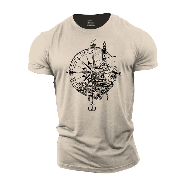 Cotton Compass Sailing Ship Graphic Men's T-shirts