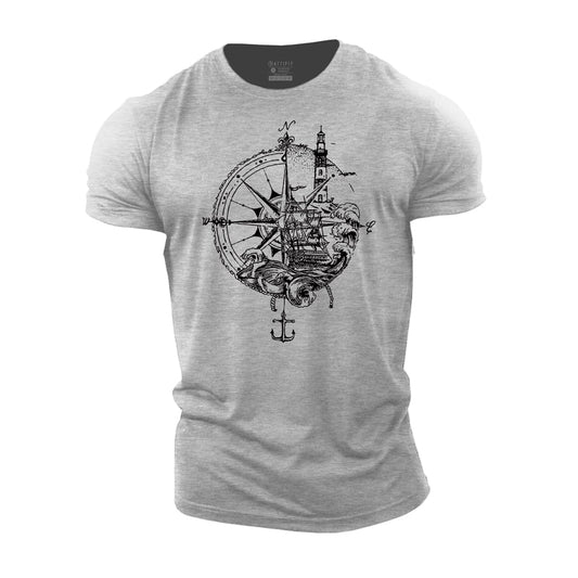 Cotton Compass Sailing Ship Graphic Men's T-shirts