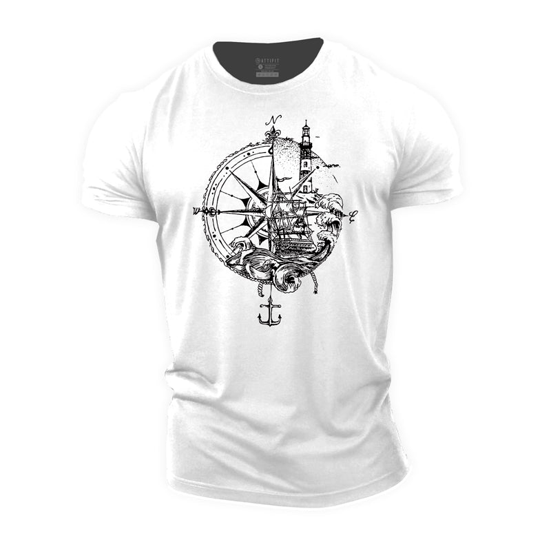 Cotton Compass Sailing Ship Graphic Men's T-shirts