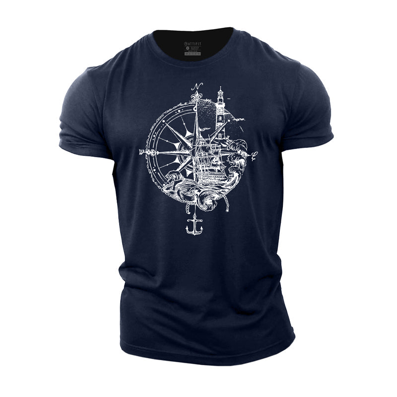 Cotton Compass Sailing Ship Graphic Men's T-shirts